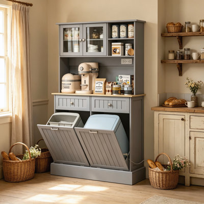 68" Gray Kitchen Pantry Storage Cabinet, Freestanding Kitchen Hutch with Charging Station, Dual Tilt Out Trash Cabinets, Microwave Stand, Glass Doors and Adjustable Shelf