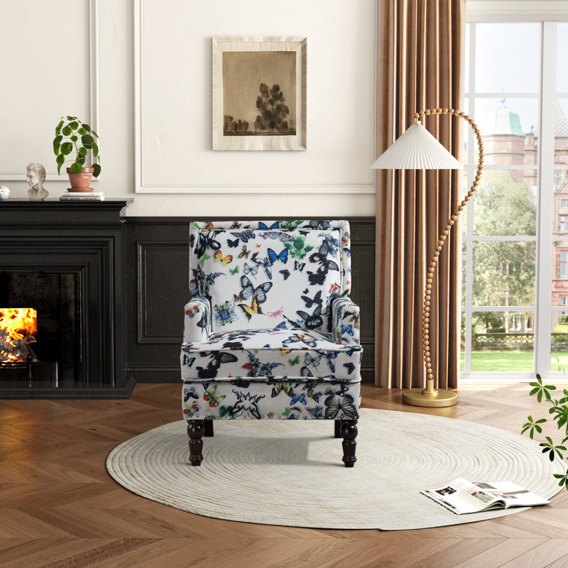 Chaise d'appoint rembourrée avec structure en bois massif et pieds tournés, Blanc / lin papillon multicolore