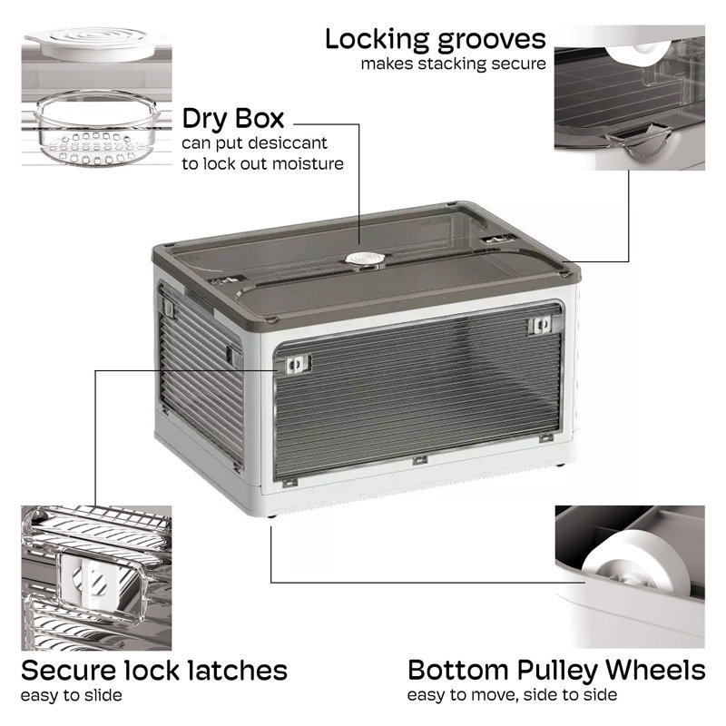 Extra Large Collapsible Storage Box Bin, 5 Side Clear Open Access Stackable w/ Lid, White