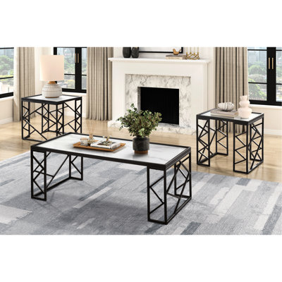 Living Room Furniture: 3Pc Tables With Tempered Glass And Metal 3 For Home: White Marble Print Tops