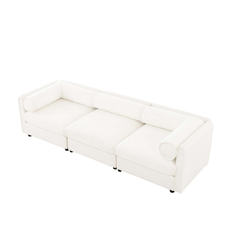 Canapé modulaire moderne à 3 sièges profonds avec rangement, dossier cylindrique et accoudoirs, Chenille blanche