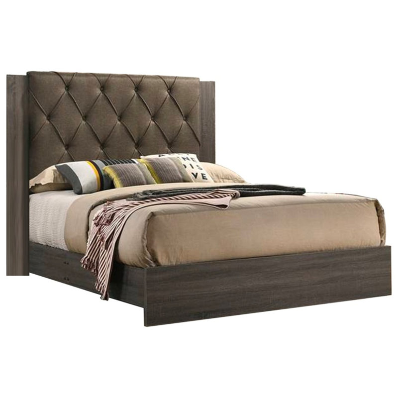 Modern Tufted Queen Bed Frame with Rubberwood Headboard in Gray