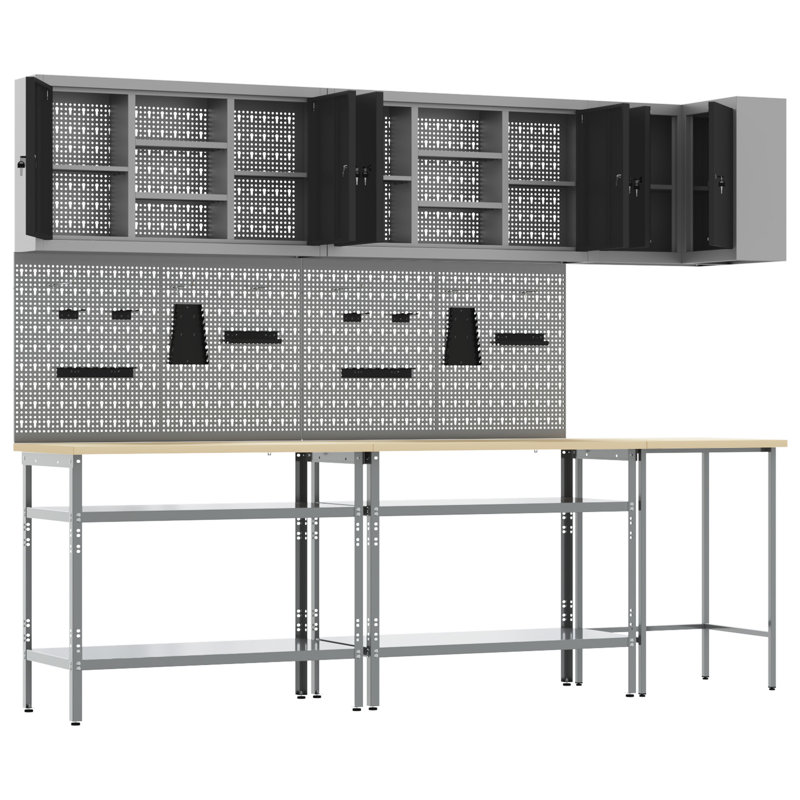 Set Of 9 Steel Medium Height-Adjustable Workshop Table, Black