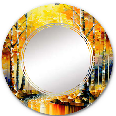 Parmjeet River In Golden Birch Forest - Landscape River Forest Wall Mirror