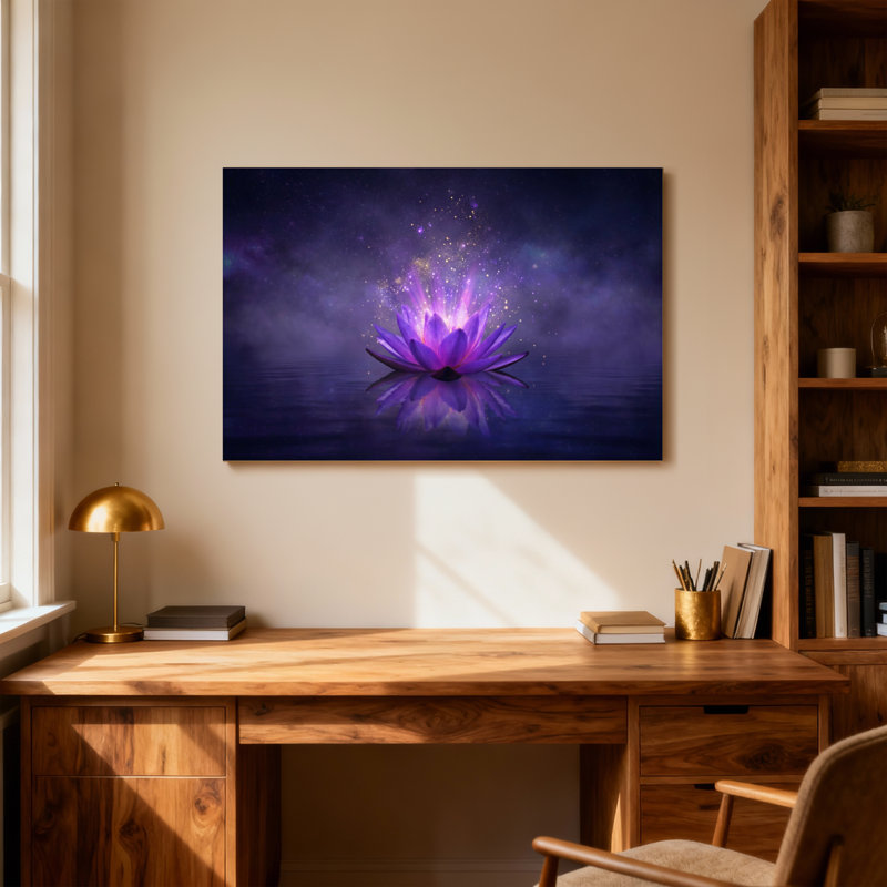 Plantes et fleurs fleur de lotus mauve avec des étincelles sur l'eau, H 12 po x l 18 po