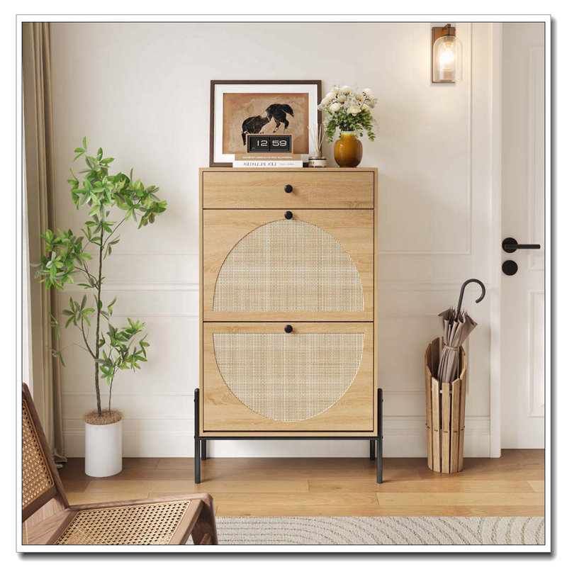 Armoire de rangement à chaussures 2 portes avec façades et tiroir en rotin