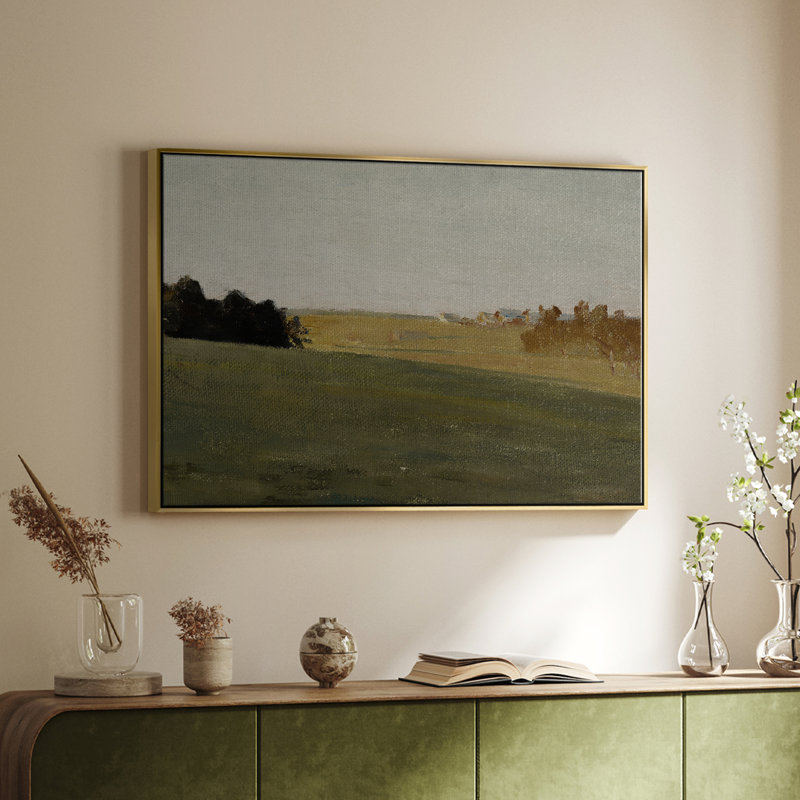Paysage rétro - cmxxxiv, Toile avec cadre doré, H 25 po x l 37 po x P 2 po