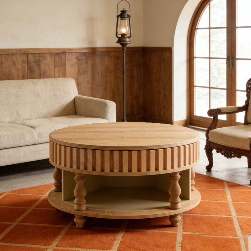 Table basse cannelée Mid-Century, Bois naturel