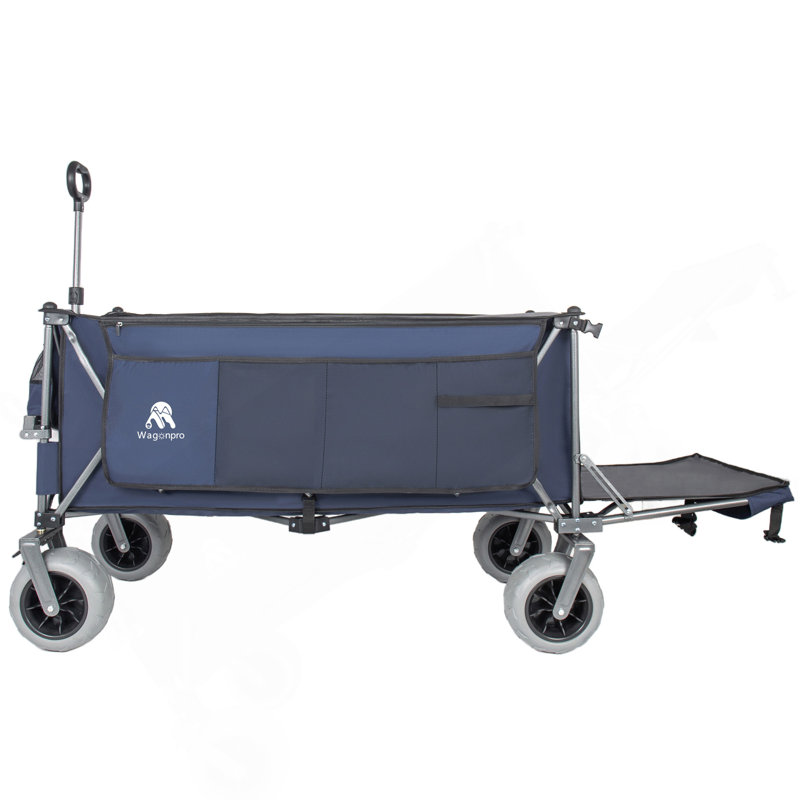 Très grand wagon de plage utilitaire très long de 67 po avec hayon ouvert et roues tout-terrain, capacité de 500 lb, cadre ultra-stable breveté, aucun assemblage requis, bleu foncé et gris