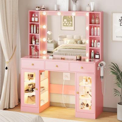 Grand bureau de coiffeuse avec lumières et miroir, 10 ampoules rondes avec miroir, prise de courant, 5 tiroirs, 8 tablettes avec éclairage de luminosité, support pour sèche-cheveux (sans tabouret)