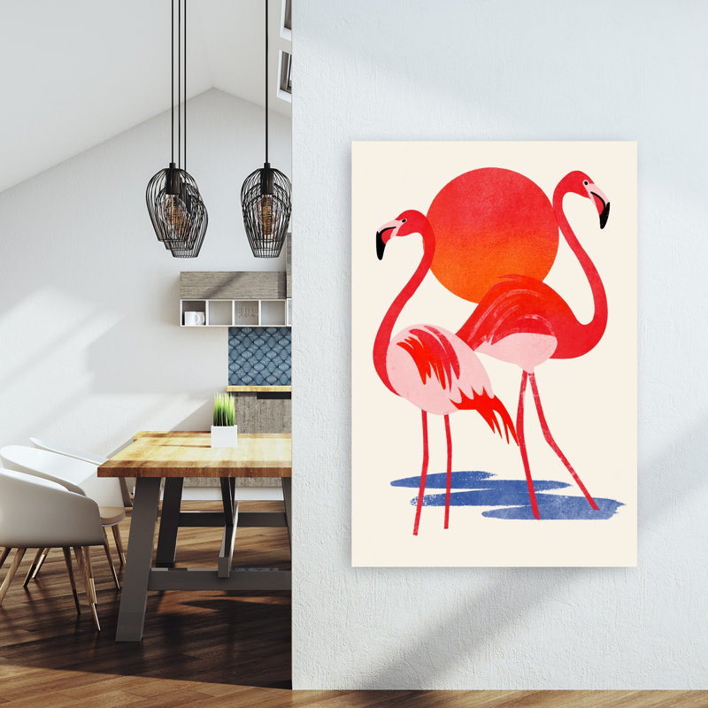 Flamants tropicaux, coucher de soleil, minimaliste, paisible, oiseau rétro, flamant, nature, art mural, 60" H x 40" W