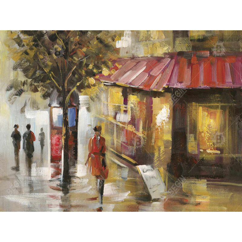 «Abstract Street with Passers» - Art contemporain sur toile rouge