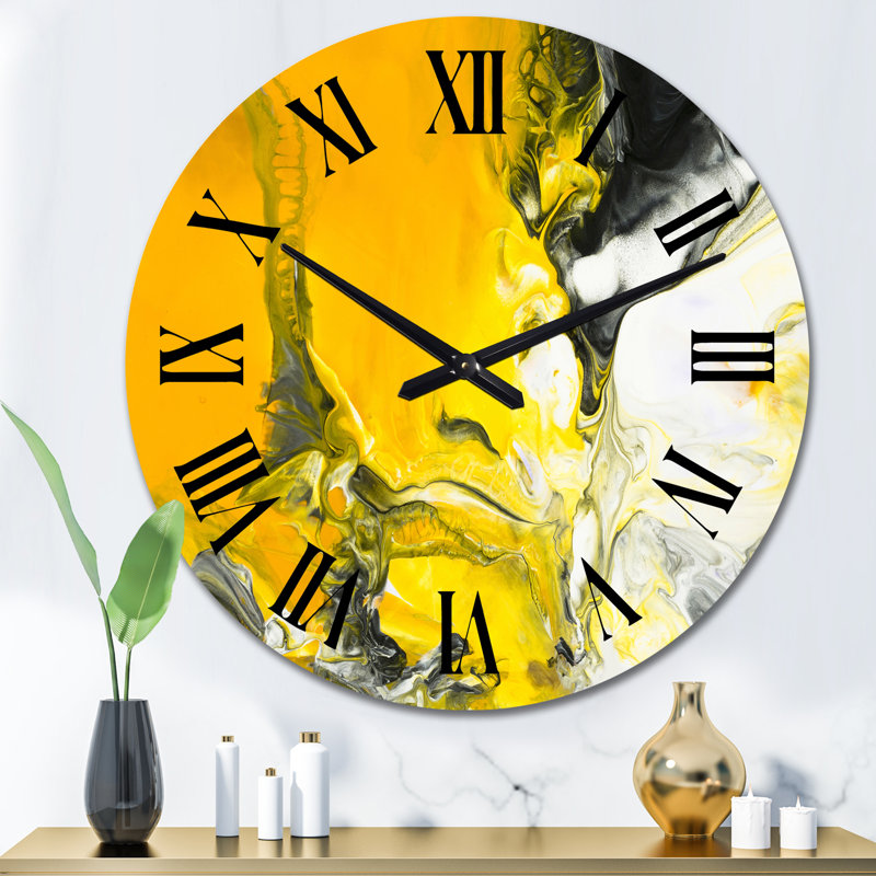 Jaune, jaune, noir et blanc liquide Art Ix - horloge murale moderne, Surdimensionné