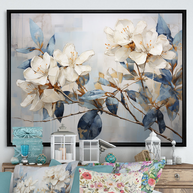 Rhododendron gracieux minimalisme, H 16 po x l 32 po x P 1 po, Cadre flottant noir