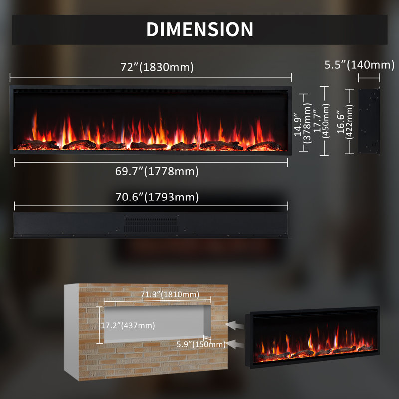 Aura 72" Smart WiFi Electric Fireplace - Flame with 9 Colors, 5 Brightness Levels and 13 Temperature Levels, Recessed in-Wall or Wall-Mount or Free Standing, Compatible with Alexa and Google Assistant, by Puraflame