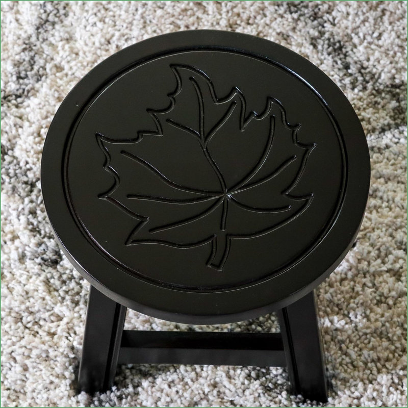 Step Stool Ottoman, Carved Maple Leaf Rubberwood Espresso | Wood | Compact, Black