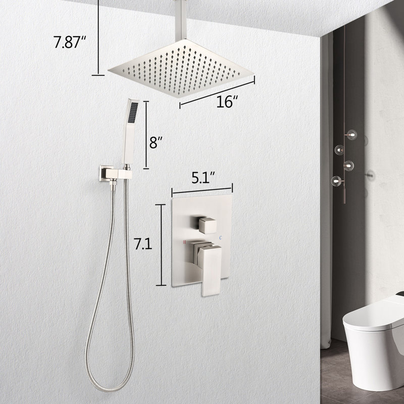 Ceiling Mounted Shower - 16" Head & Handheld, Brushed Nickel, Brass, Natural Rainfall , Self-Cleaning Nozzle, Suits American Standard Pipe Specifications Duplication,