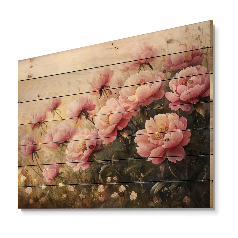 Peonies In The Windswept Field II - Peonies Wood Wall Decor - On Natural Pine Wood, 10" H x 20" W x 0.78" D