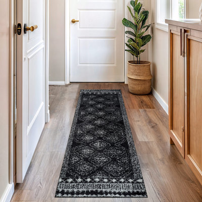 Tapis à poil long géométrique gris anthracite foncé - velours moyen, texture douce, adapté aux enfants