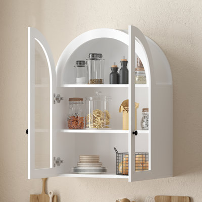 Armoire murale arquée, armoire de rangement murale en placage de bois avec portes en verre trempé, tablette réglable, quincaillerie de suspension facile incluse, armoire murale flottante décorative pour la salle de lavage