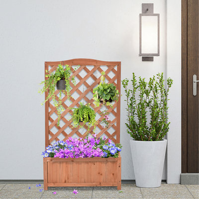 Lit de jardin surélevé en bois avec treillis, boîte à fleurs de 46 po, pour cultiver des légumes, des herbes et des fleurs pour la cour, brun