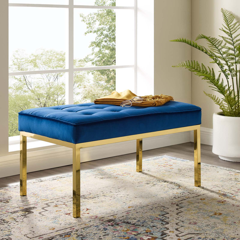 Banc en cuir capitonné Loft, Bleu marine/doré, H 17,5 po x l 34 po x P 20 po