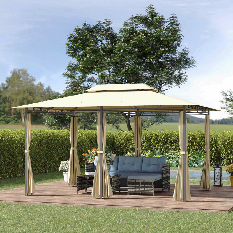 Pavillon de jardin en acier 10 x 13 pi, pour utilisation dans le jardin avec toit ventilé et rideaux (blanc crème), Blanc