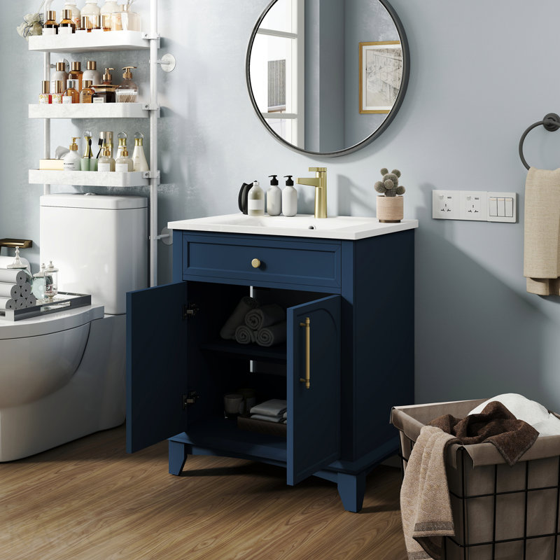 Meuble-lavabo moderne 27,8 po avec surface peinte, meuble-lavabo autoportant Mid-Century avec rangement, meuble-lavabo haut de gamme avec tiroirs et poignées en métal