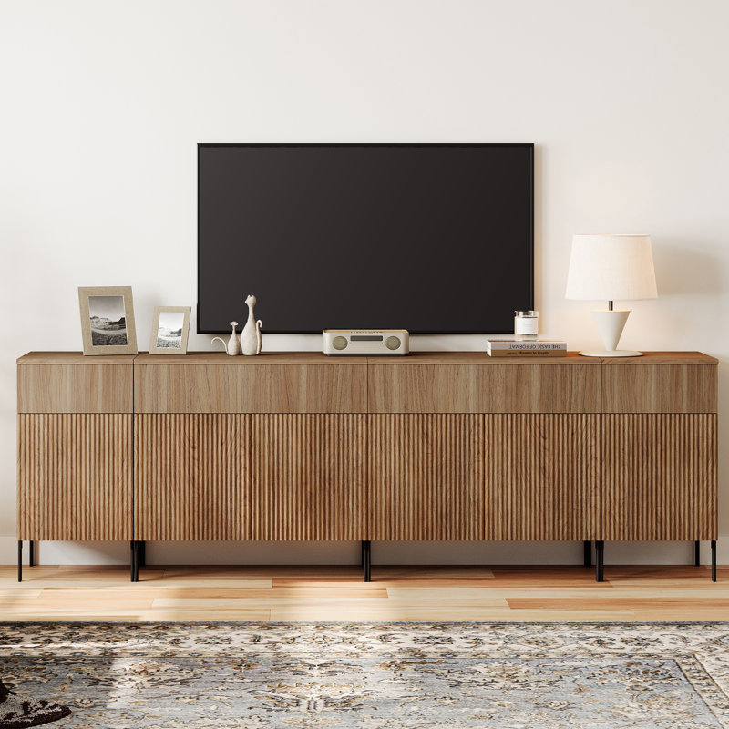 Aadham 94.5" Modern Reeded TV Stand With Doors, Entertainment Center With Shelf, Wooden TV Console With Drawers For Living Room