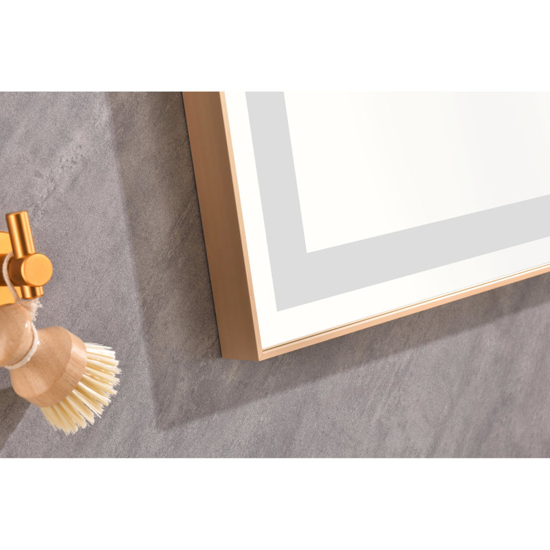 Miroir de salle de bain 96 po x 36 po avec brouillard, 3 modes de couleurs, gradation continue, fixation murale, cadre en aluminium, lumières dorées brossées de 96 à 36, pompe
