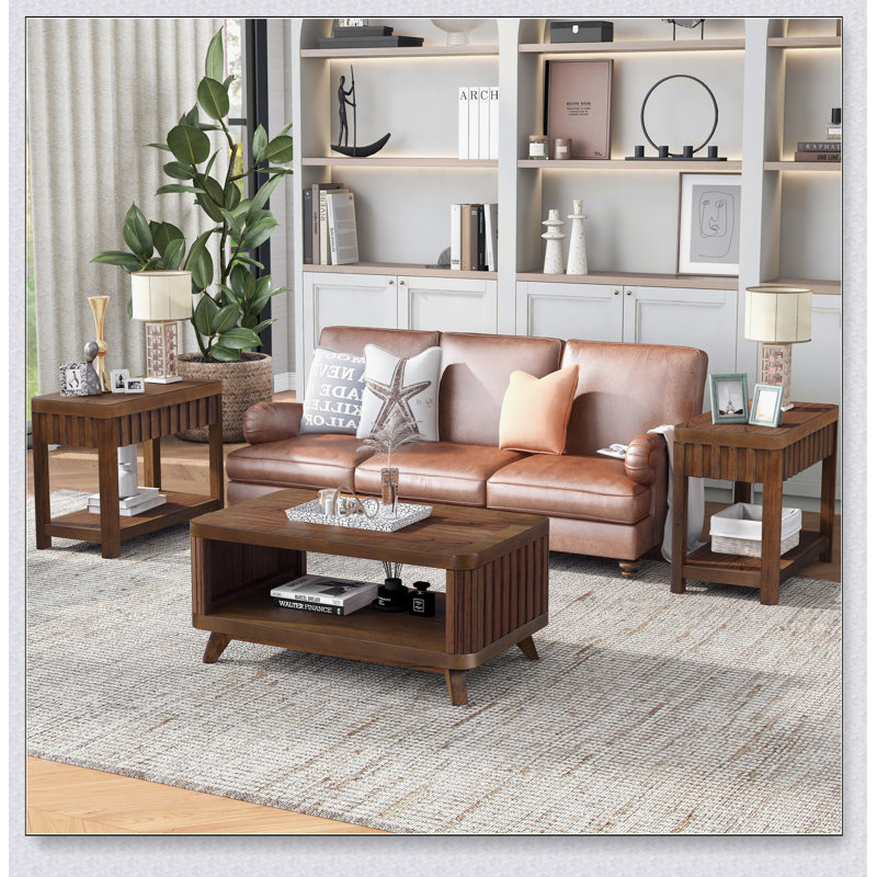 25'' Rectangular Farmhouse End Table with Storage Shelf, Sofa Side Table with Solid Wood Legs