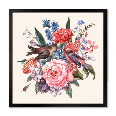 «Floral Bouquet With Roses Hyacinths And Birds», reproduction d'art sur toile traditionnelle