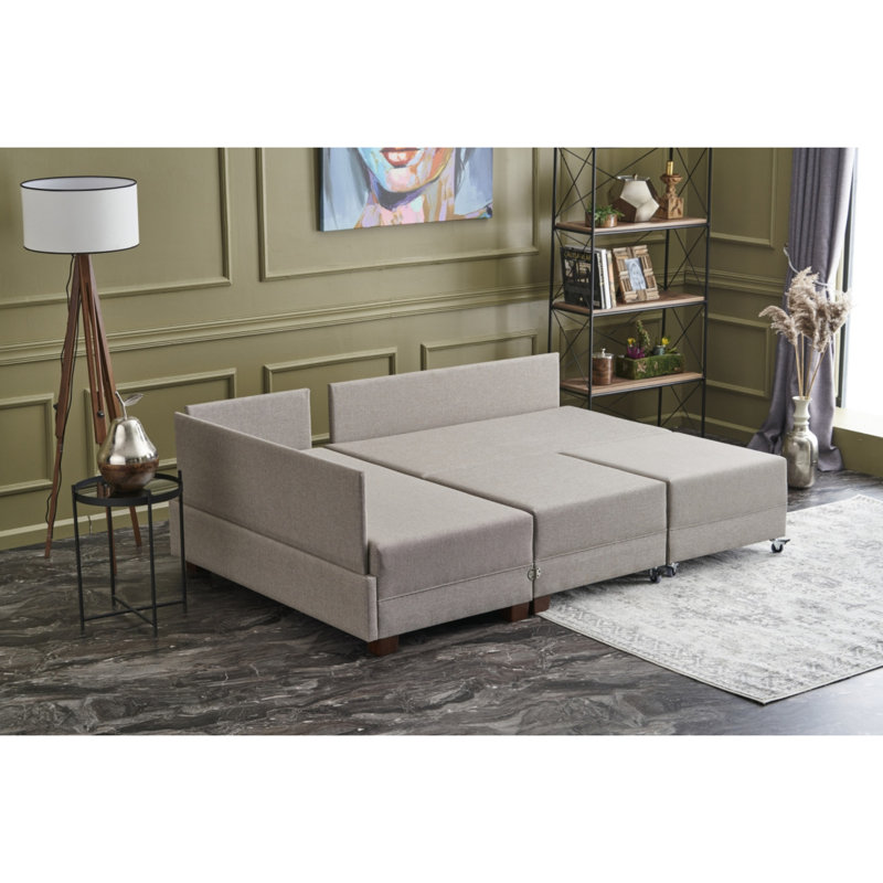 Modern Corner Sofa-Bed, Cream Color, 82.7 x 27.6 x 110.2 Inches | Frame: Wooden & Melamine Coated Particle Board | 100% Cotton & Polyester Fabric | Solid Wood Legs, Soft 32 DNS Foam for Comfort, Perfect for Living Room & Guest Room
