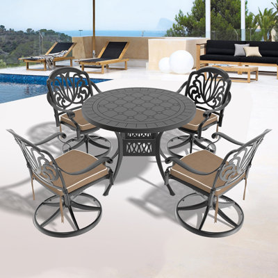 L'ensemble de salle à manger toutes saisons en fonte d'aluminium comprend 4 chaises pivotantes et une table ronde de 39,37 po avec structure noire 