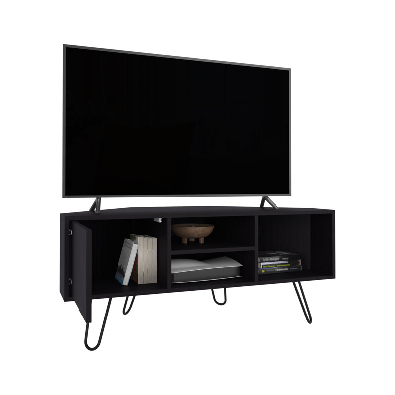 Meuble télé d'angle moderne pour téléviseurs jusqu'à 55 pouces, centre multimédia avec deux étagères, deux armoires et système de gestion des câbles, noir
