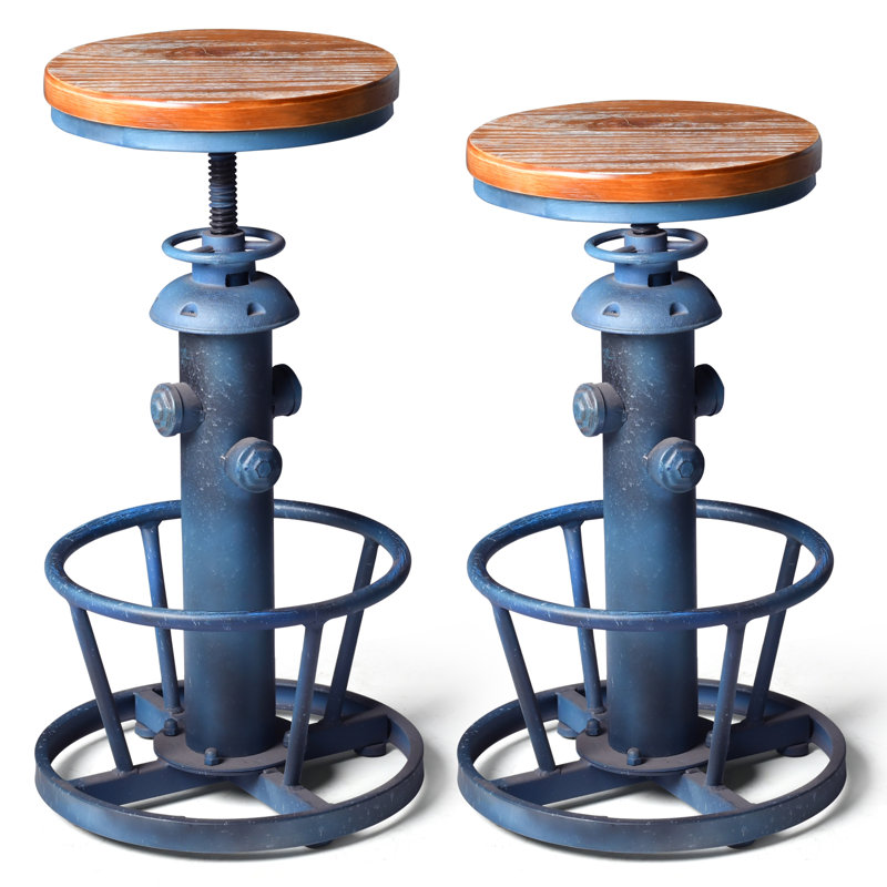 Antique Industrial Round Bottom Adjustable Height Cafe Retro Hydrant Stylish Water Pipe Design Pub Kitchen Bar Stool, Blue, 2