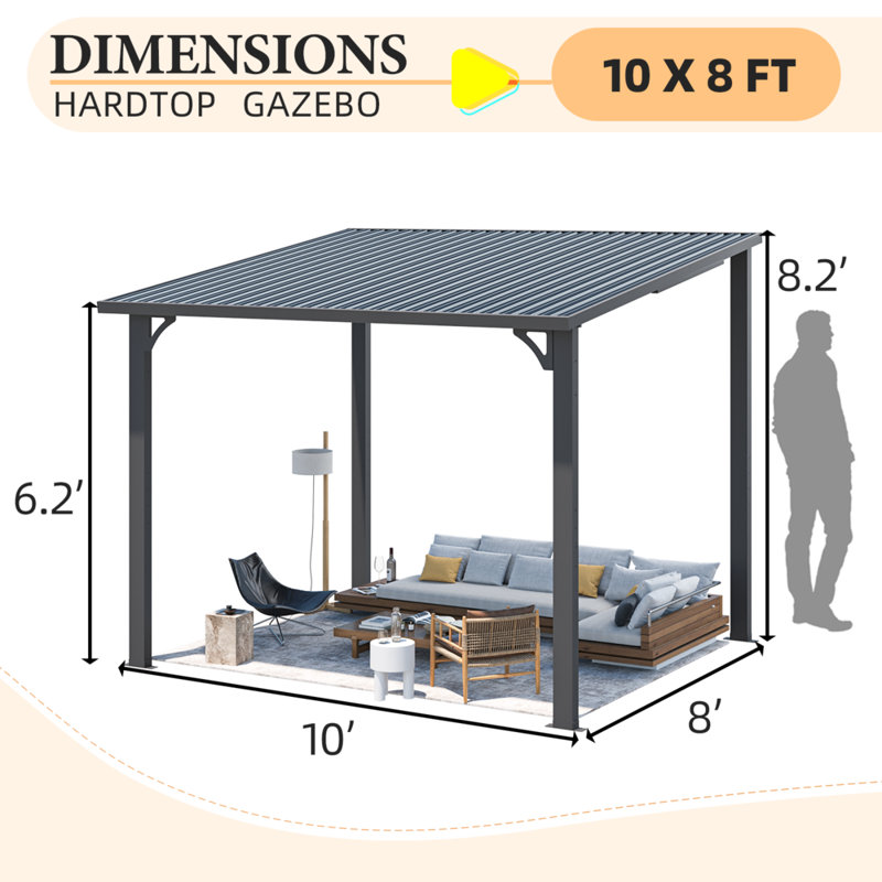 Hardtop Gazebo With Galvanized Steel Sloping Roof, 10' W x 8' D