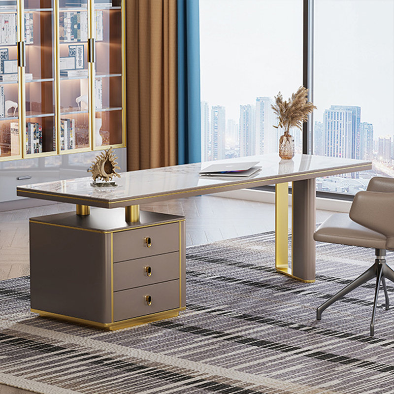 Bureau 62,99 po gris + or fritté rectangulaire + bois manufacturé + acier inoxydable avec bureau à 3 tiroirs