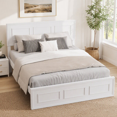 Full Size Bed with Adjustable Height Headboard, Pine Wood  Bed with Strengthened Bed Frame