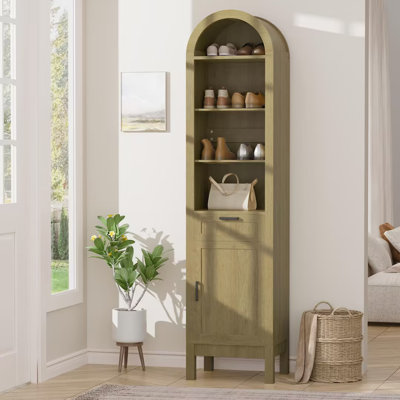 70" Arched Bookcase With Drawer And Cabinet, 6-tier Tall Bookshelf With Adjustable Shelf And Open Display Storage, Modern Wood Bookcase For Living Room Or Office (natural)