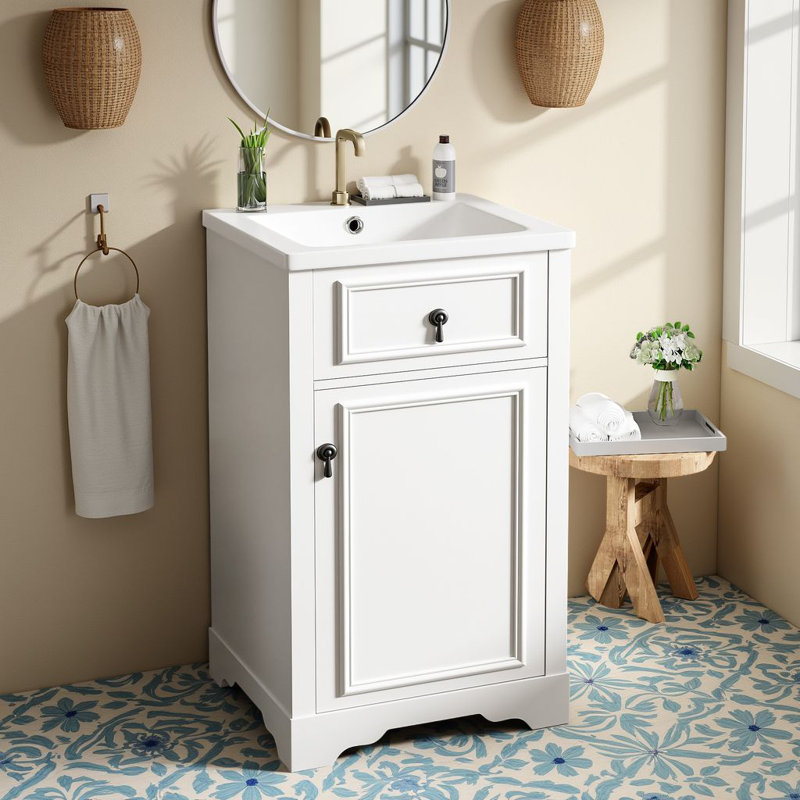 Meuble-lavabo simple autoportant de 20 po avec lavabo en céramique et porte à fermeture en douceur, Blanc/Noir