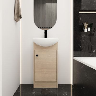 Meuble-lavabo de 18 po avec lavabo en contreplaqué de chêne, construction spacieuse et autoportante pour la salle de bain, finition brillante