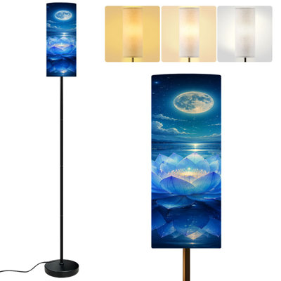  68.5" Standing Floor Lamp Enchanting Blue Lotus Flower Under Full Moon Reflective Water Dimmable Metal Pole Lamp with Linen Lampshade LED Bulb Included