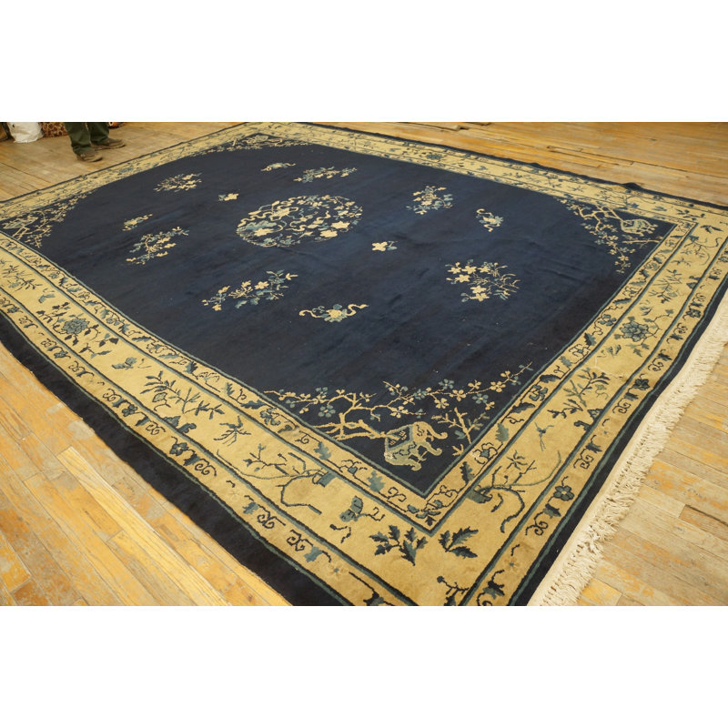 Wool Blue Ivory Beige Cream White Antique Hand Knotted Pile 1920s Rectangle Rug