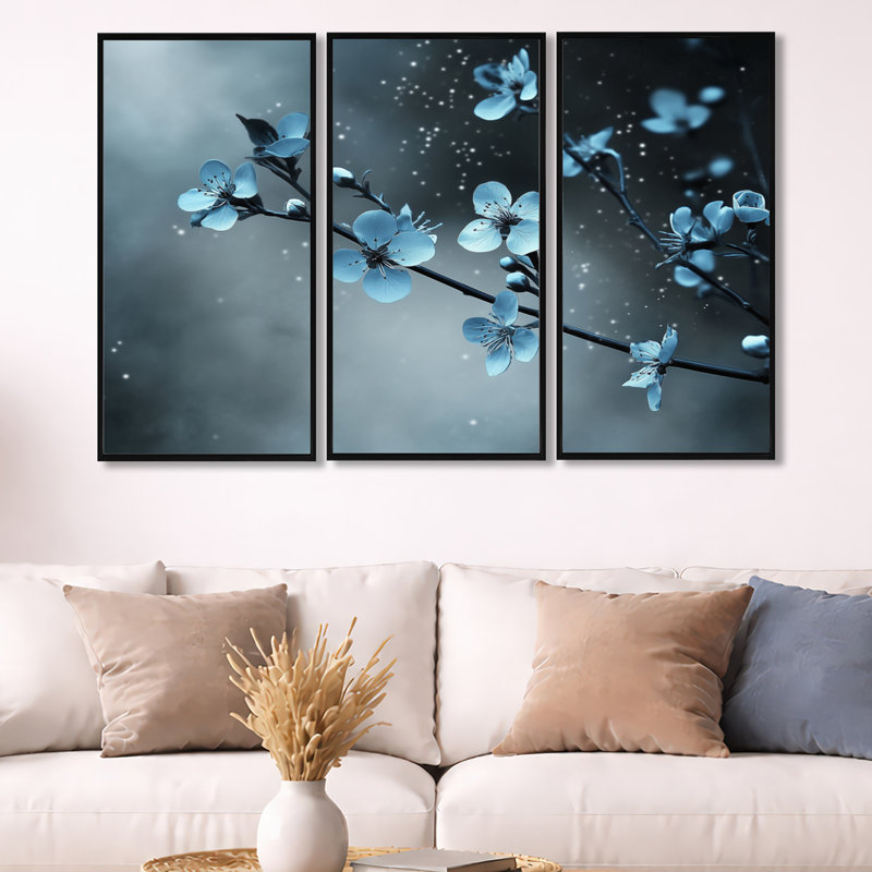 «Blue Cherry Blossom», art mural encadré 3 pièces, H 32 po x l 48 po, Cadre flottant noir