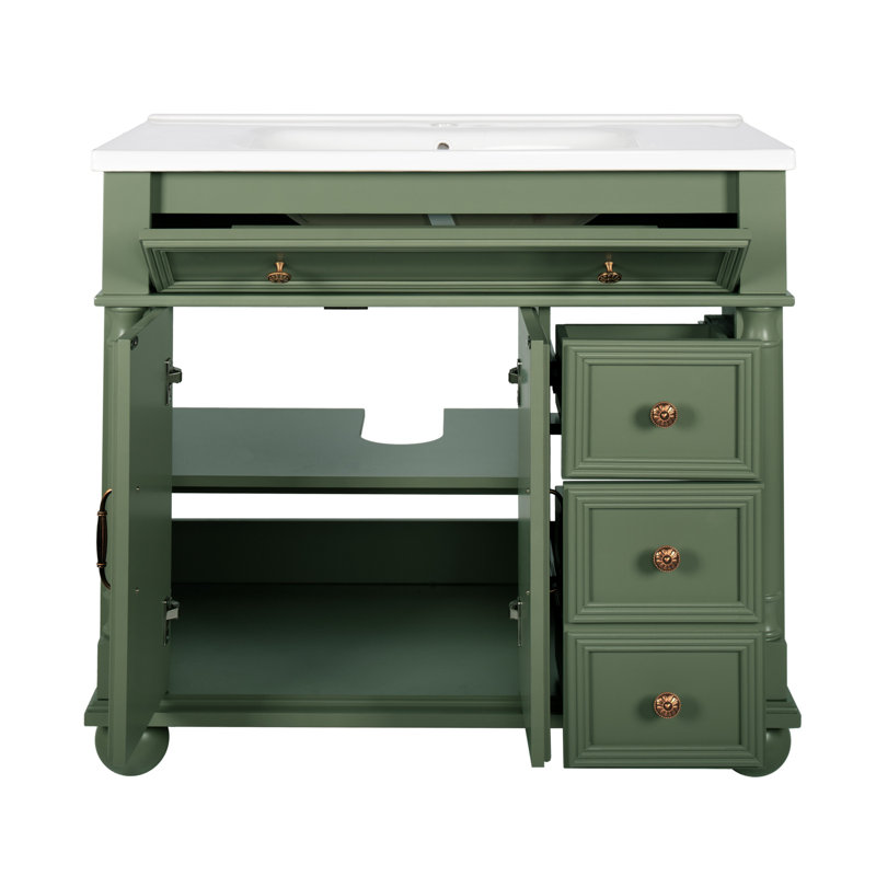 Meuble-lavabo Mid-Century avec base de colonne romaine et rangement, Vert