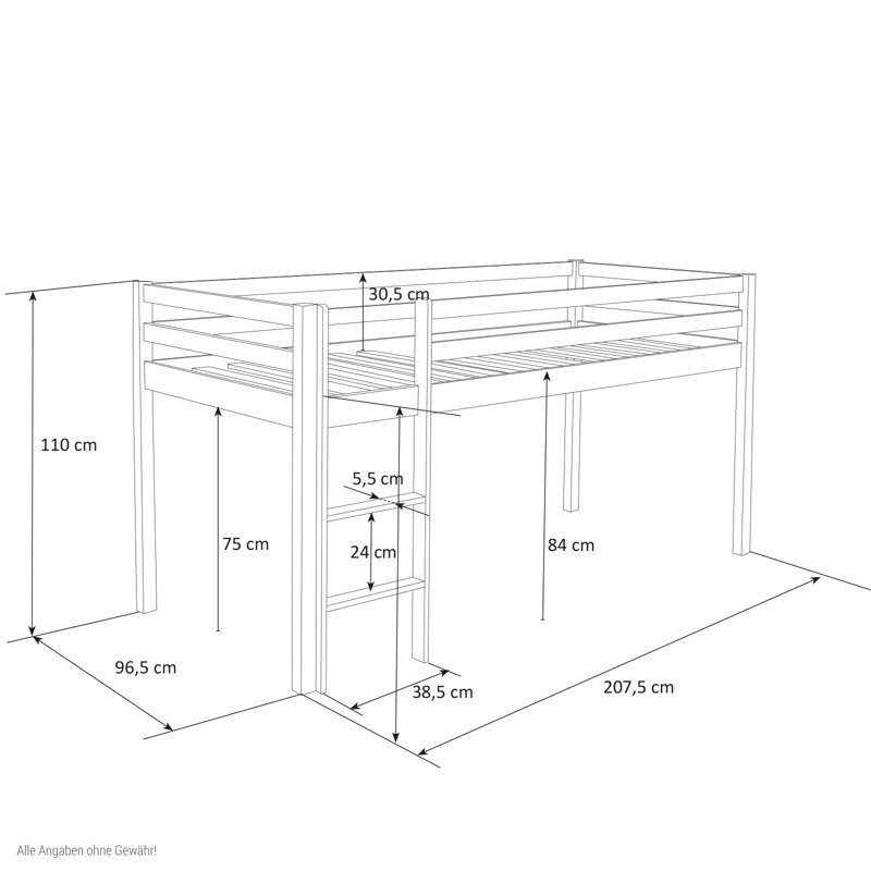 Ellicott mid-loft bed, 90 x 200 cm, Grey, Premium plus (slide, curtain and tunnel)