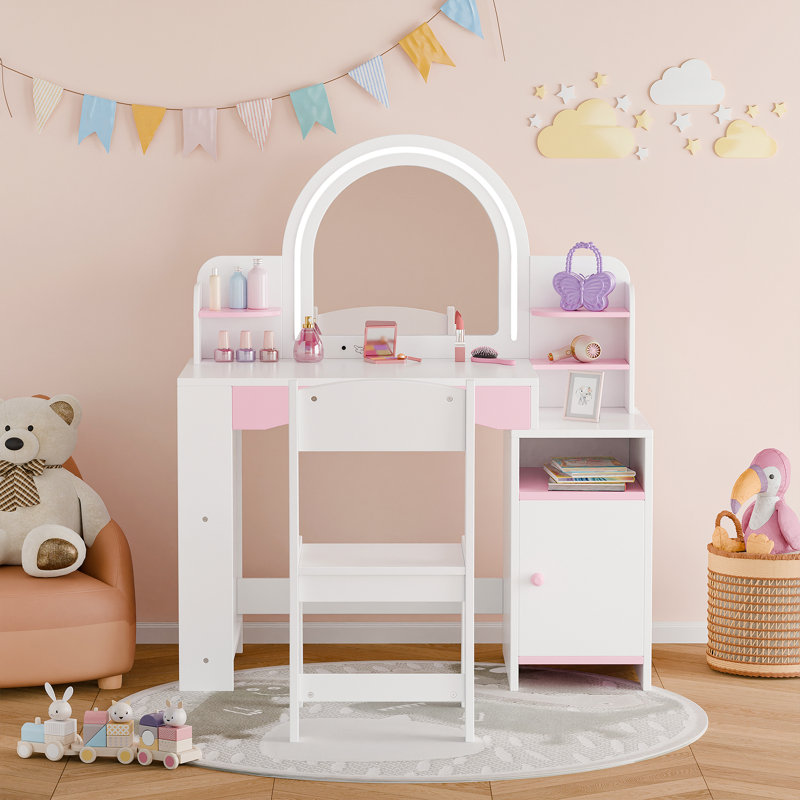 2 in 1 Kids Vanity Set With Mirror And Led Lights, White