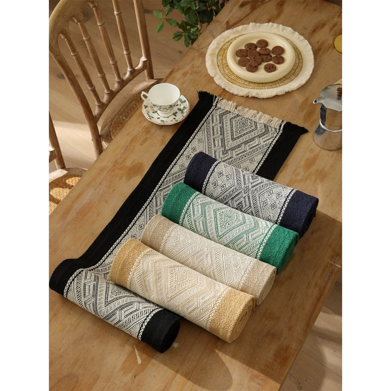 Emerald Geometricdiamond Weave Fringe Cotton Blend Table Runner 14" W, Black, 14" W x 72" L