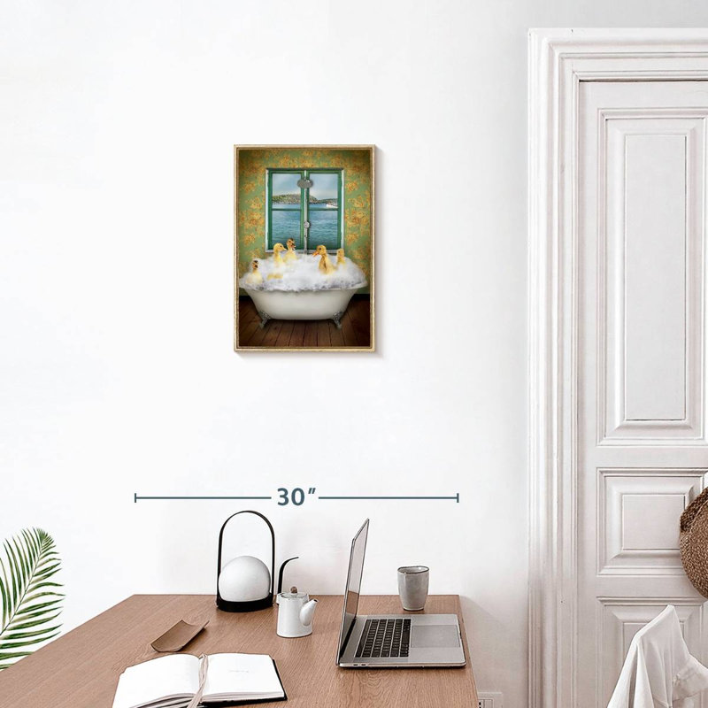 Ducks In Bath Tub, Floating Frame Natural Wood, 13" x 19"